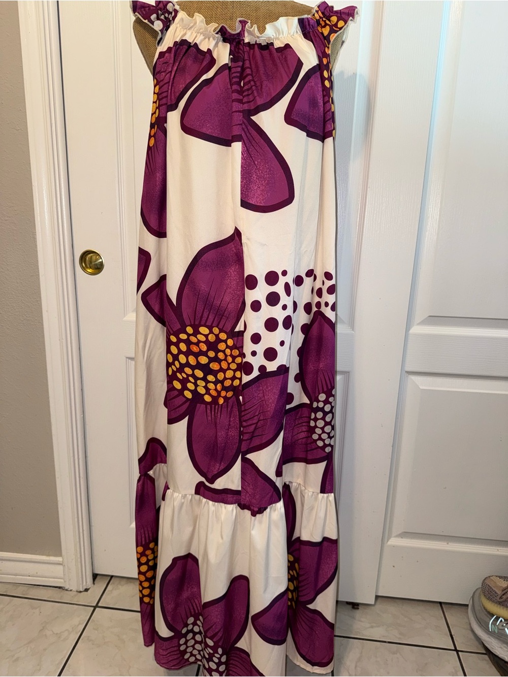 SHEIN White Maxi Dress with Purple Floral and Yellow Accents